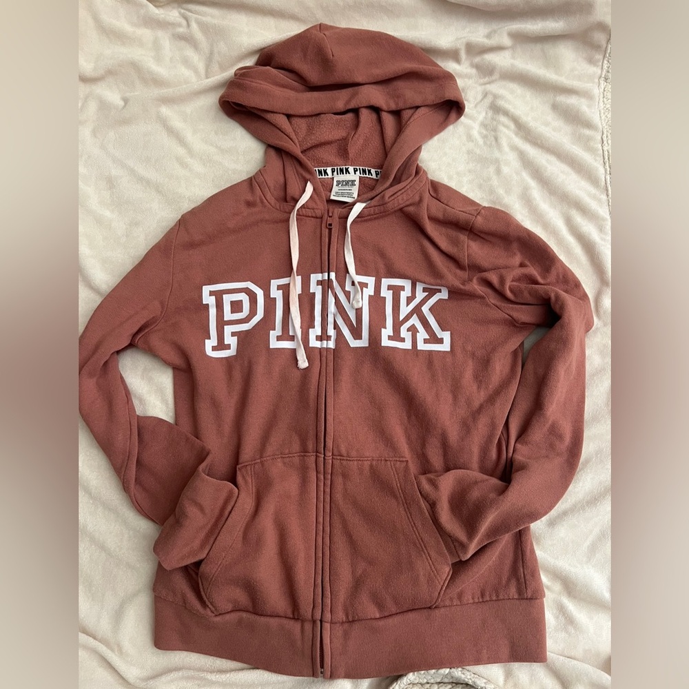 PINK Victoria’s Secret zip up hoodie with front pockets, size S, burnt orange